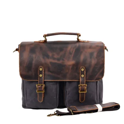 Waterproof Canvas Stitching Leather Briefcase Handbag Gray - Shop at LoveMi