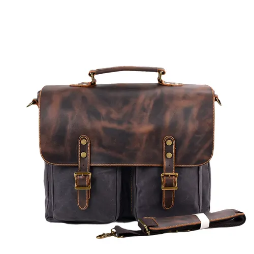 Waterproof Canvas Stitching Leather Briefcase Handbag Gray - Shop at LoveMi