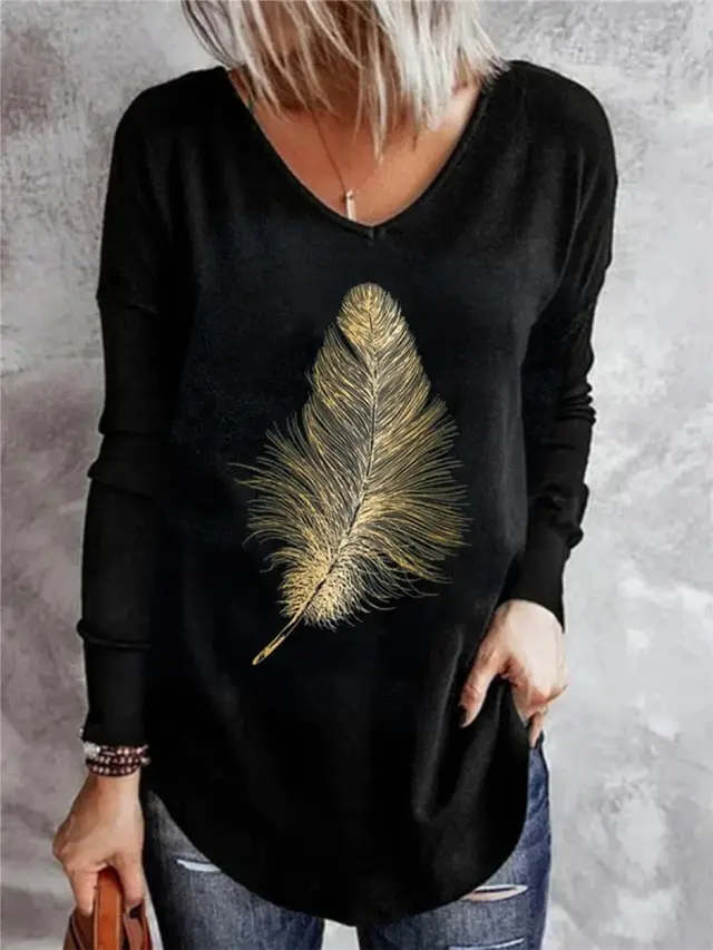 Women's Casual V neck Bottoming Long sleeved Printed T shirt Black - Shop at LoveMi