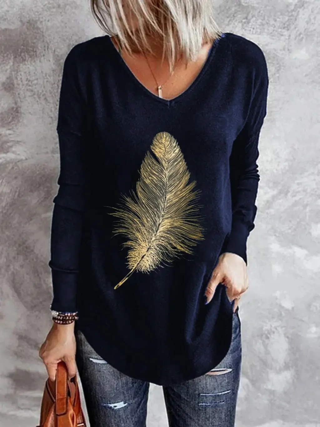 Women's Casual V-neck Bottoming Long-sleeved Printed T-shirt - Blue