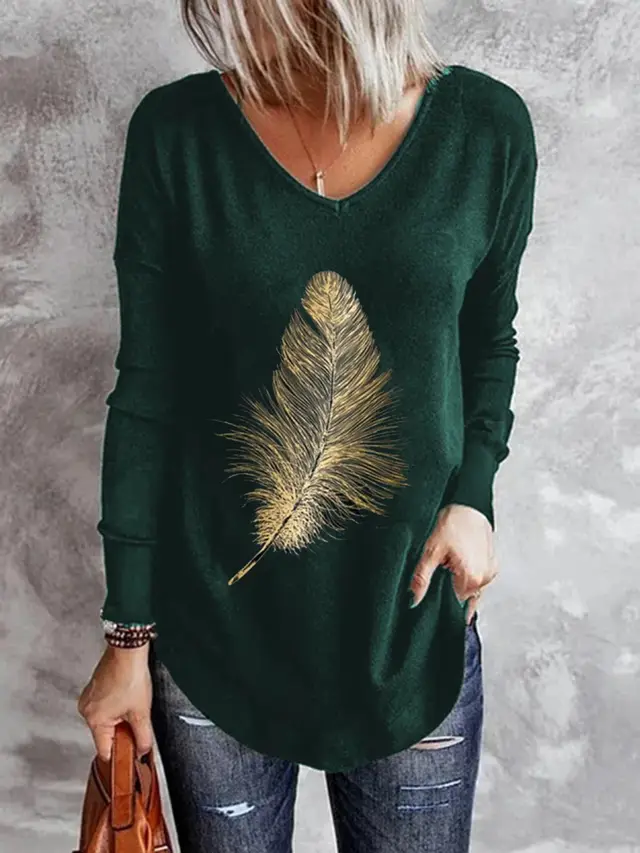 Women's Casual V neck Bottoming Long sleeved Printed T shirt Green - Shop at LoveMi