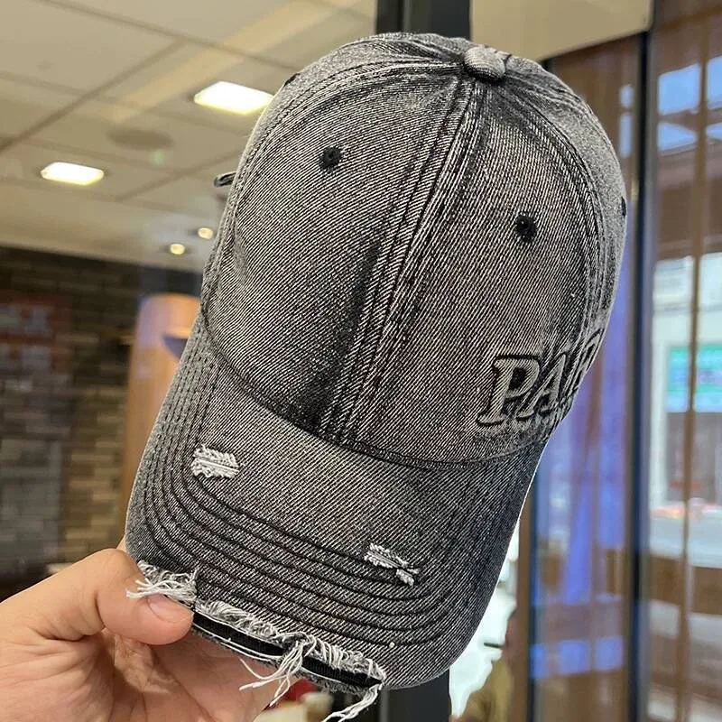 Washed Denim With Hole Baseball Cap Female Peaked Cap - Black And Gray - View 1