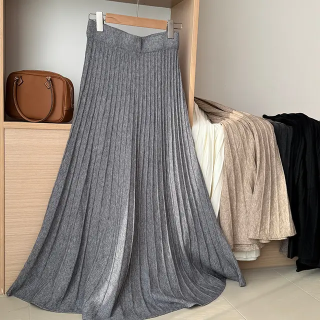 Korean Elastic Waist Knitted Pleated Skirt Light Gray - Shop at LoveMi