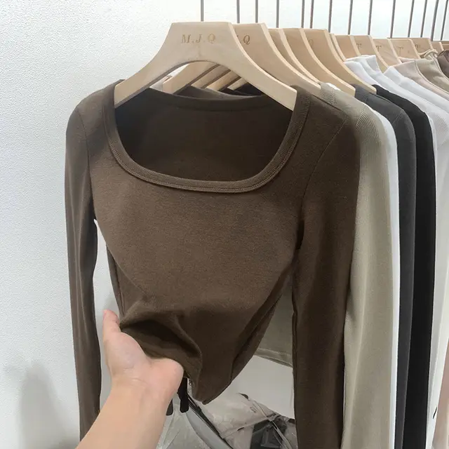 Solid Color Square Collar Bottoming Shirt Long Sleeve Brown - Shop at LoveMi