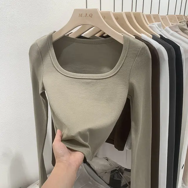 Solid Color Square Collar Bottoming Shirt Long Sleeve Gray Green - Shop at LoveMi
