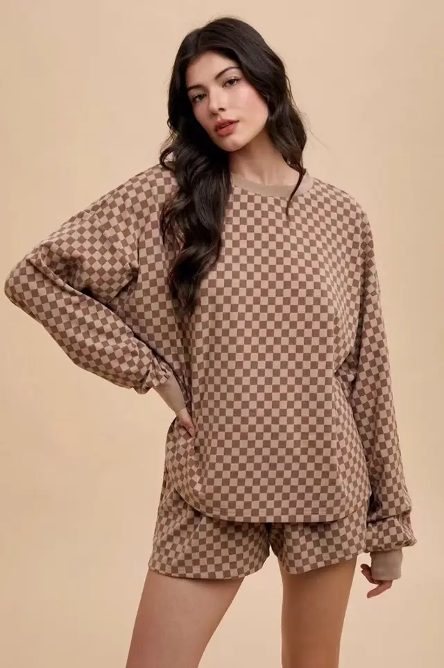 Simple Style Pattern Round Neck Top Drawstring Shorts Suit Camel - Shop at LoveMi