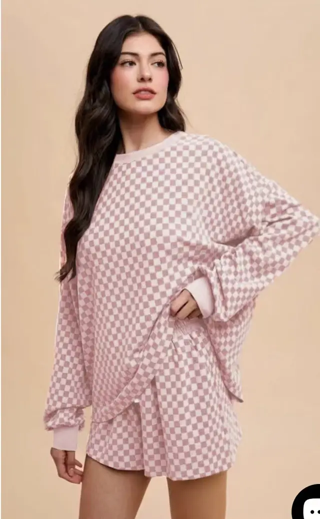 Simple Style Pattern Round Neck Top Drawstring Shorts Suit Pink - Shop at LoveMi