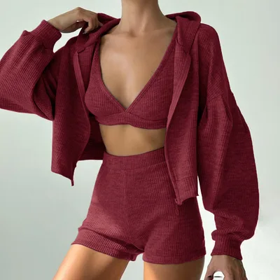 Knitted Zipper Sweater V neck Triangle Cup Bra Shorts Casual Three piece Suit Red - Shop at LoveMi