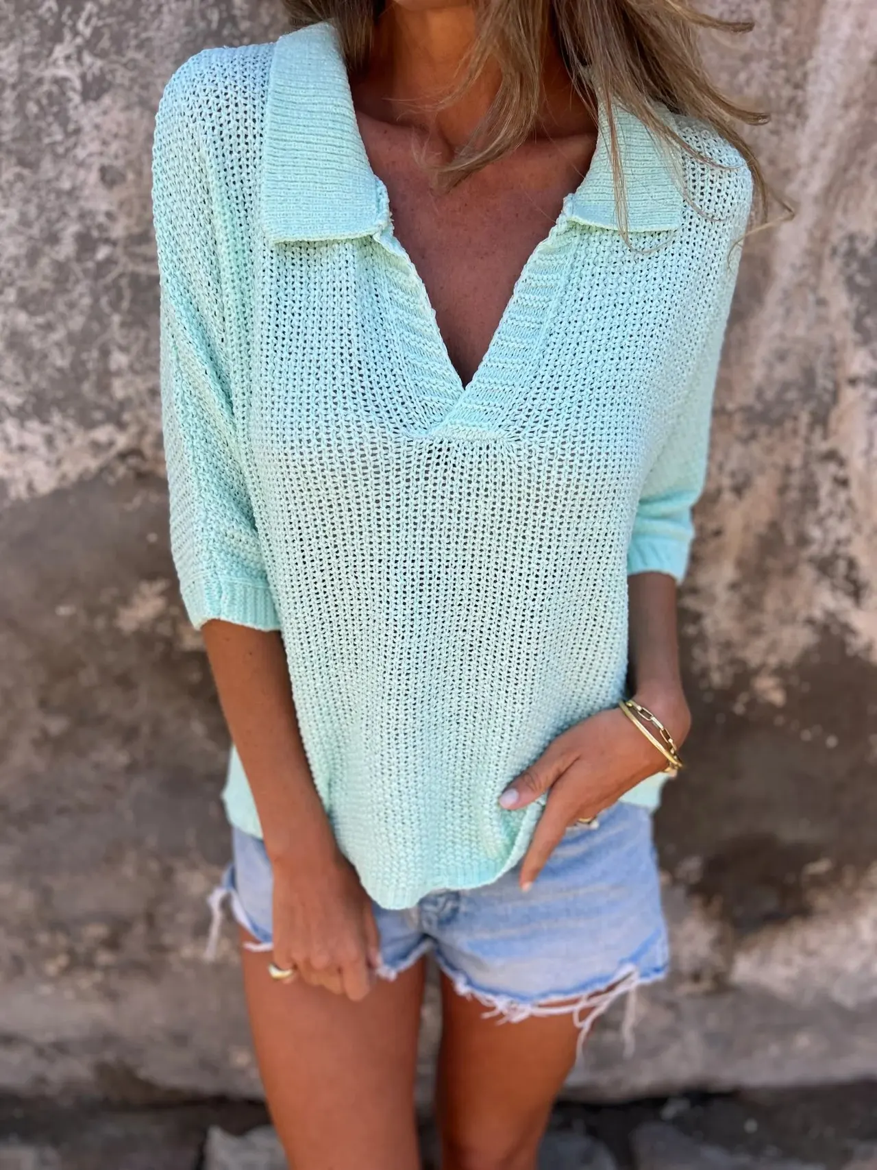 European And American Lapel Knitwear Three-quarter Sleeve Solid Color Bottoming Shirt For Women - Lake Blue