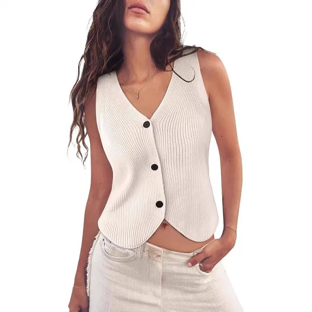 European And American Spring And Summer Women's Knitted Vest Top V neck Apricot - Shop at LoveMi