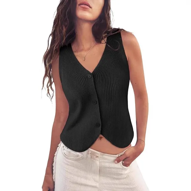 European And American Spring And Summer Women's Knitted Vest Top V neck Black - Shop at LoveMi