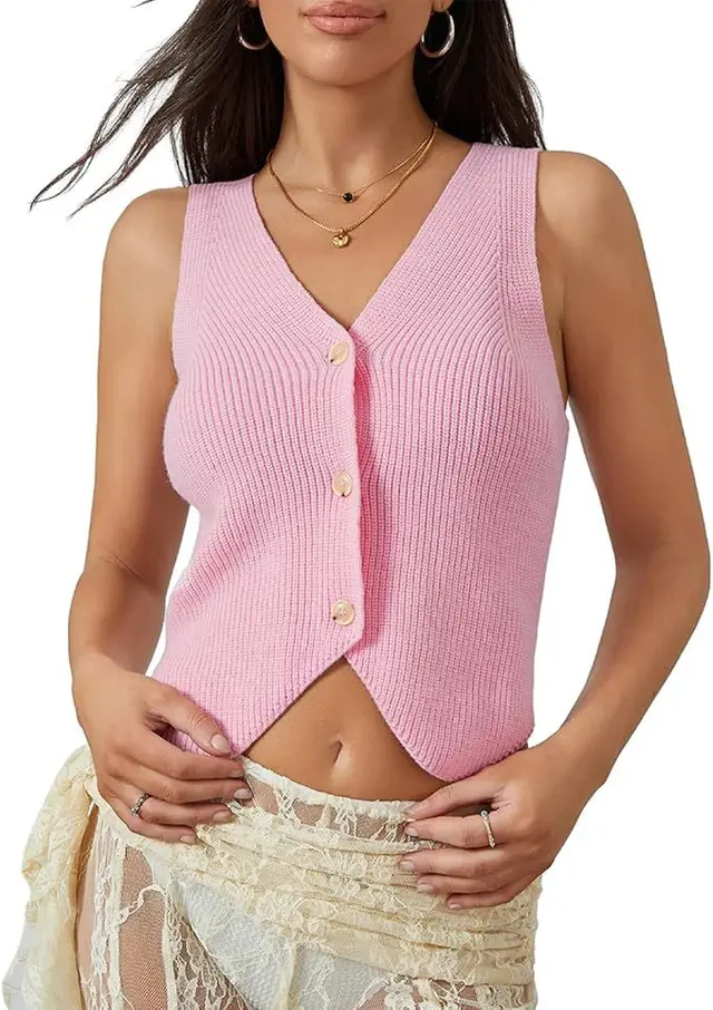 European And American Spring And Summer Women's Knitted Vest Top V neck Pink - Shop at LoveMi