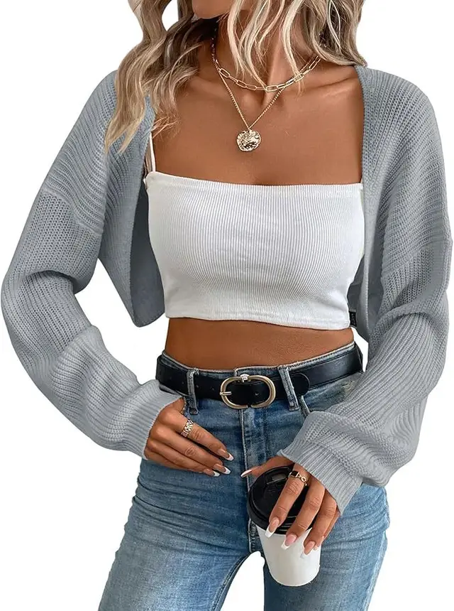 European And American Knitwear Women's Cardigan Shawl Long sleeved Knitted Short Top Gray - Shop at LoveMi