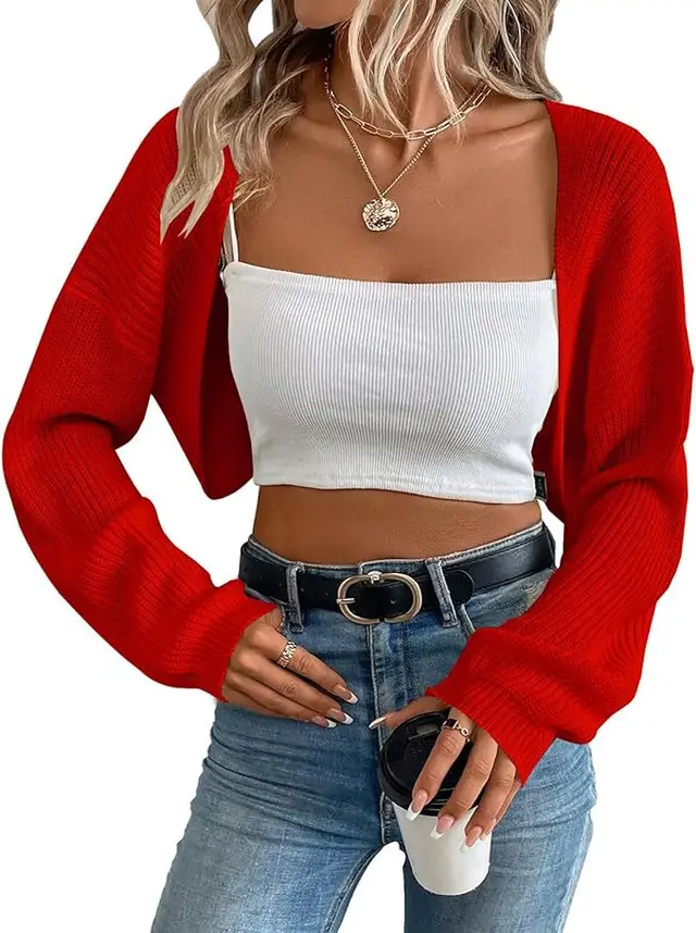 European And American Knitwear Women's Cardigan Shawl Long sleeved Knitted Short Top Red - Shop at LoveMi