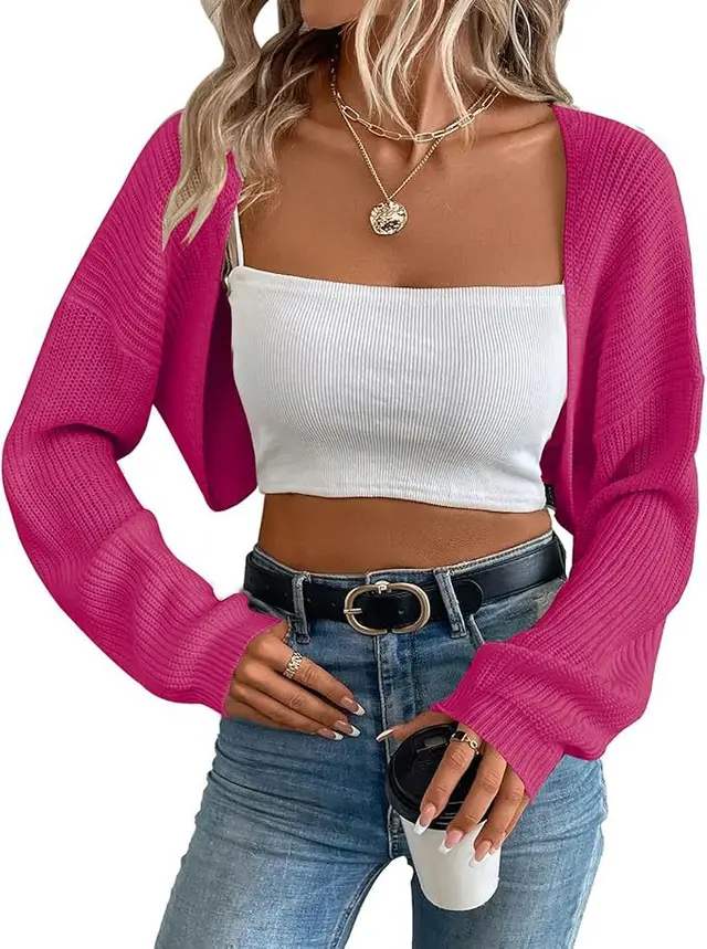 European And American Knitwear Women's Cardigan Shawl Long sleeved Knitted Short Top Rose Red - Shop at LoveMi
