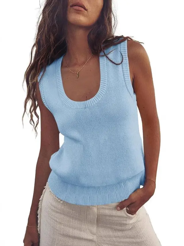 European And American Summer Sweater Vest Sleeveless Rib Knitted Light Blue - Shop at LoveMi