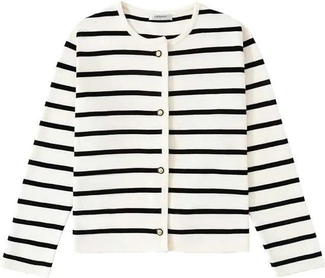 Women's Striped Cardigan Sweater Fashion Long Sleeve Button White - Shop at LoveMi