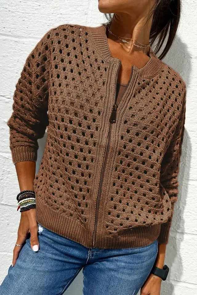 European And American Leisure Hollow Knitted Zipper Jacket Women's Coat Dark Brown - Shop at LoveMi