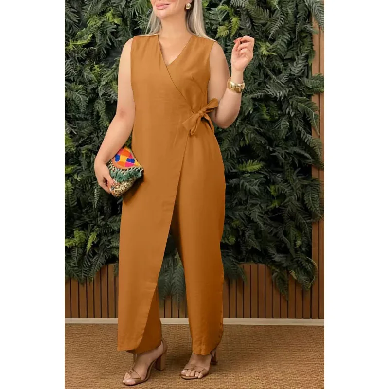 Women's Solid Color Casual V-neck Bandage Jumpsuit - Light Brown