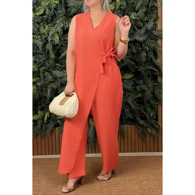 Women's Solid Color Casual V neck Bandage Jumpsuit Red - Shop at LoveMi