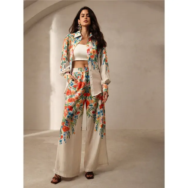 Casual Fashion Floral Print Women Blouse And Pants Suit Orange Red - Shop at LoveMi