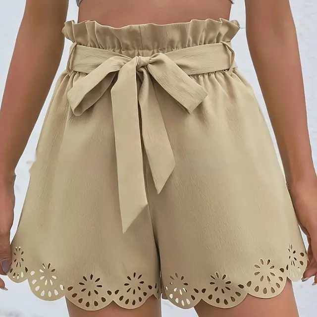 Women's Solid Color Wavy Ankle Belt Shorts Khaki - Shop at LoveMi