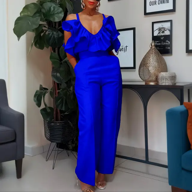 V neck Flounce Sling Top High Waist Trousers Suit Blue - Shop at LoveMi