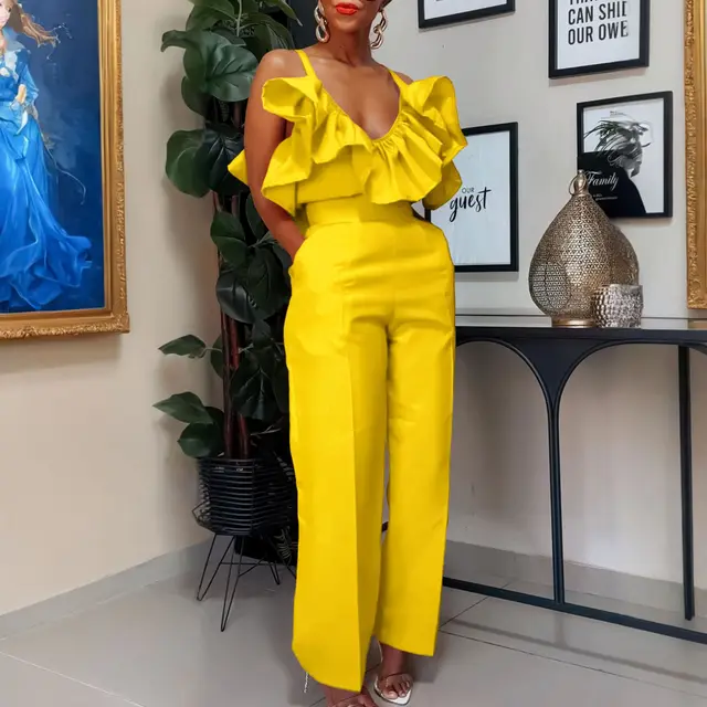 V neck Flounce Sling Top High Waist Trousers Suit Yellow - Shop at LoveMi