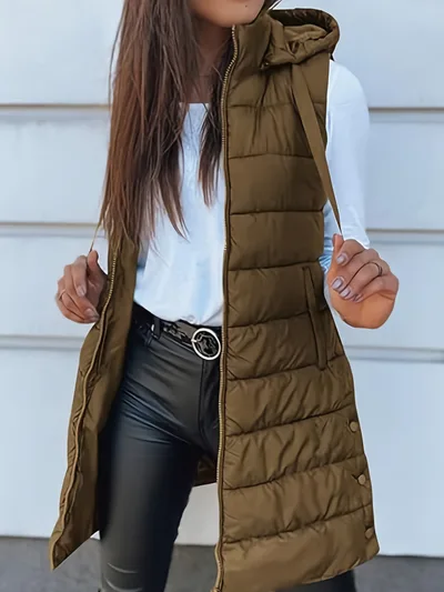 Solid Color Hooded Quilted Zipper Cotton Vest Coat Brown - Shop at LoveMi