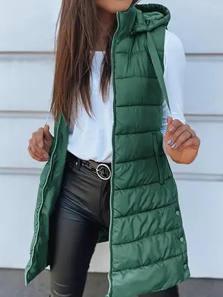 Solid Color Hooded Quilted Zipper Cotton Vest Coat - Green