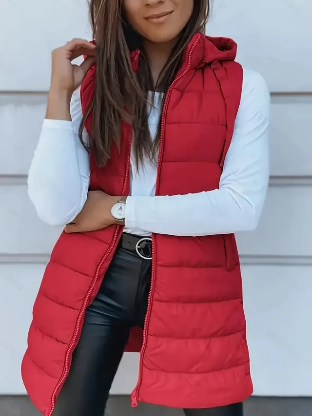 Solid Color Hooded Quilted Zipper Cotton Vest Coat Red - Shop at LoveMi