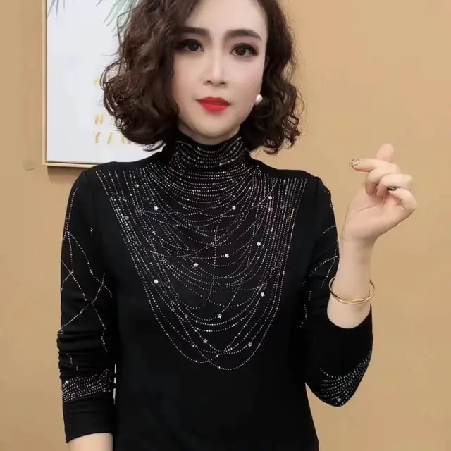 New Age reducing Rhinestone Western Style All matching Fashion Long Sleeve Women's Top Black - Shop at LoveMi