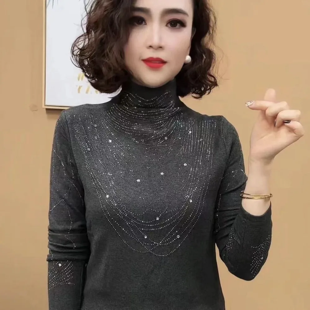 New Age-reducing Rhinestone Western Style All-matching Fashion Long Sleeve Women's Top - Gray