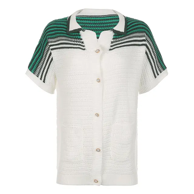 Women's Knitted Lapel Breasted Loose Striped Wool Contrast Color Top White - Shop at LoveMi