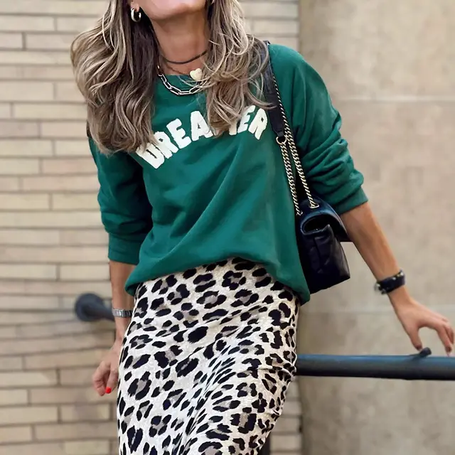 Solid Color Hoodie Embroidered Long Sleeve Round Neck Retro Women's Green - Shop at LoveMi