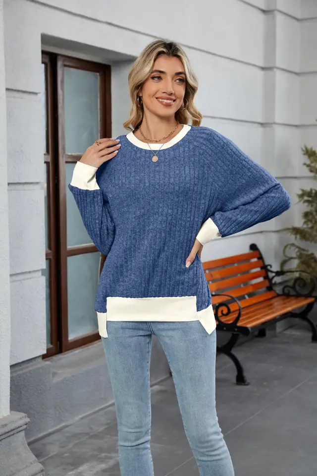 Pullover Knitting Loose Multicolor Top For Women Blue - Shop at LoveMi