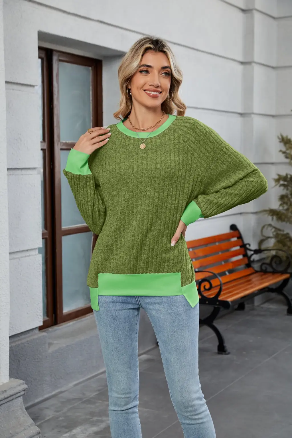Pullover Knitting Loose Multicolor Top For Women - Green