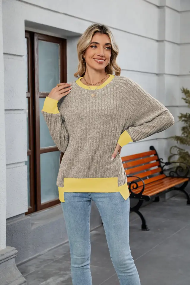 Pullover Knitting Loose Multicolor Top For Women Khaki - Shop at LoveMi