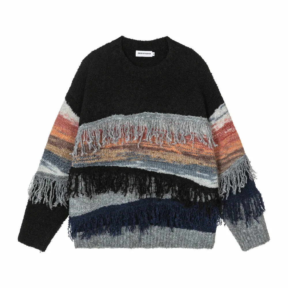 Vintage Tassel Color Contrast Patchwork Loose Round Neck Sweater Black - Shop at LoveMi