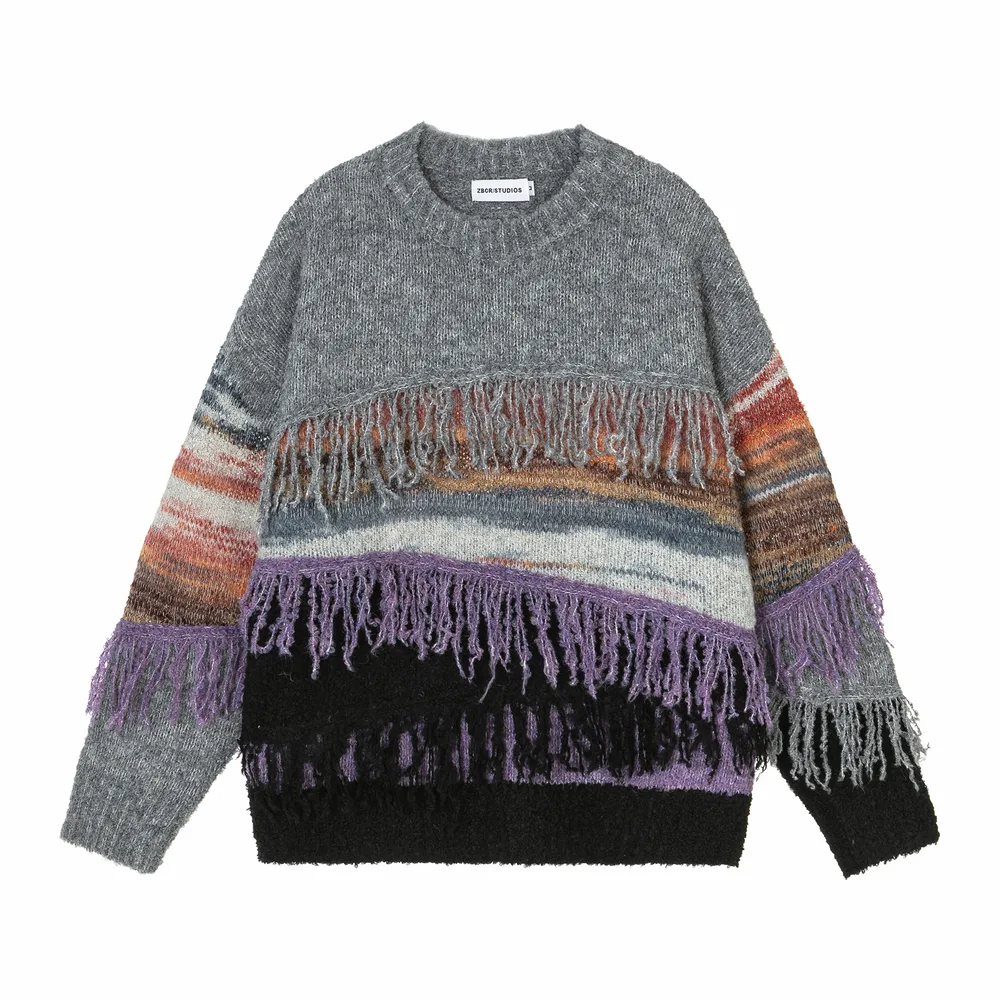 Vintage Tassel Color Contrast Patchwork Loose Round Neck Sweater Gray - Shop at LoveMi