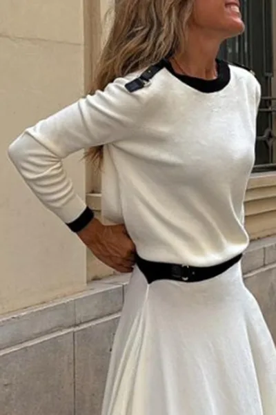 Long Sleeve Irregular Solid Skirt Two piece Set White Top - Shop at LoveMi