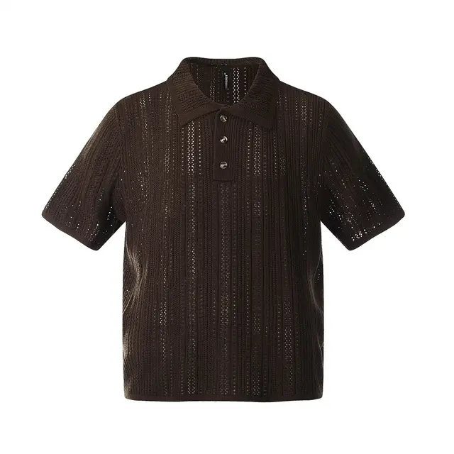 Women's Lapel Hollow Short sleeved Thin Top Brown - Shop at LoveMi