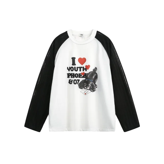 New Real Shot National Fashion Retro Contrast Color Loose Long Sleeve Top Women White - Shop at LoveMi