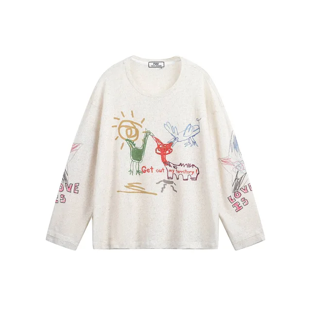 New Real Shot Sweet Girl Loose Printed Pullover T shirt Beige - Shop at LoveMi