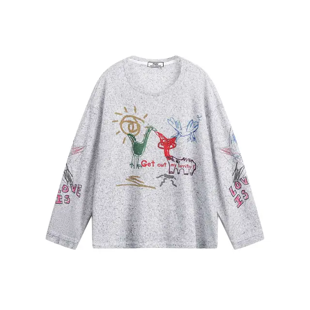 New Real Shot Sweet Girl Loose Printed Pullover T shirt Gray - Shop at LoveMi