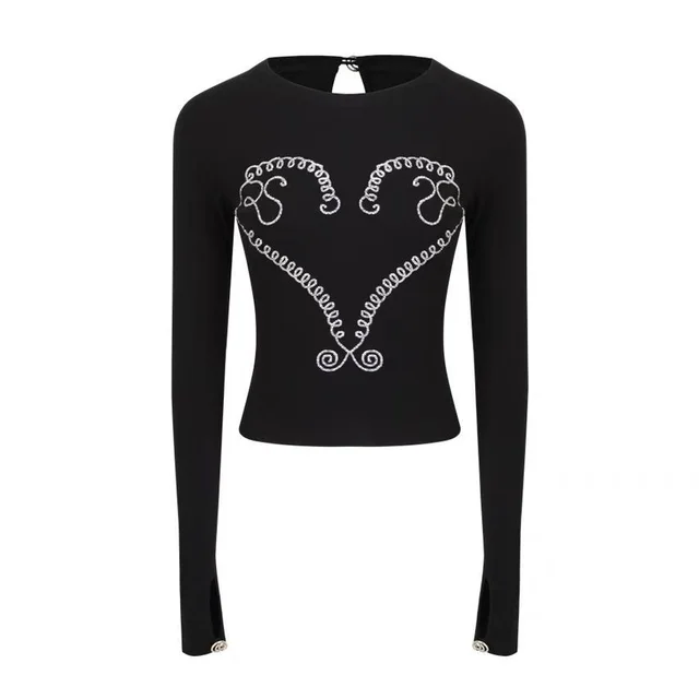 Women's Heavy Embroidery Hot Drilling Cotton Long sleeved T shirt Black - Shop at LoveMi
