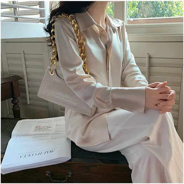 Women's Satin New Design Sense V neck Silk Acetate White Shirt Champagne - Shop at LoveMi