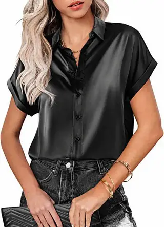 Multicolor Silk Short Sleeve Satin Button Shirt Casual Loose Top - Black