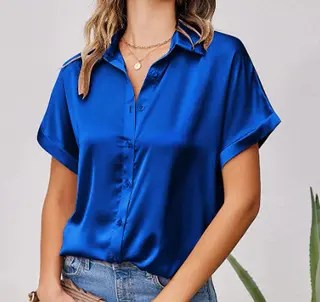 Multicolor Silk Short Sleeve Satin Button Shirt Casual Loose Top - Blue