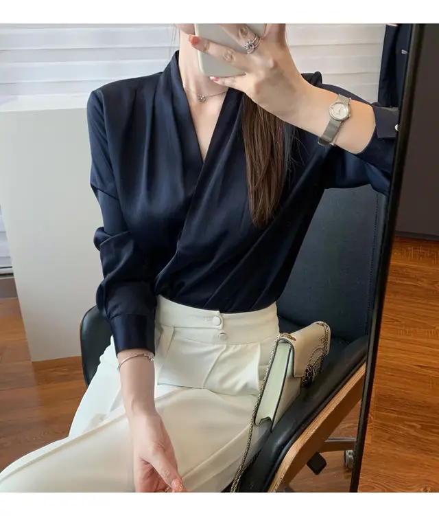 French Style Design Niche Silk Top Navy Blue - Shop at LoveMi